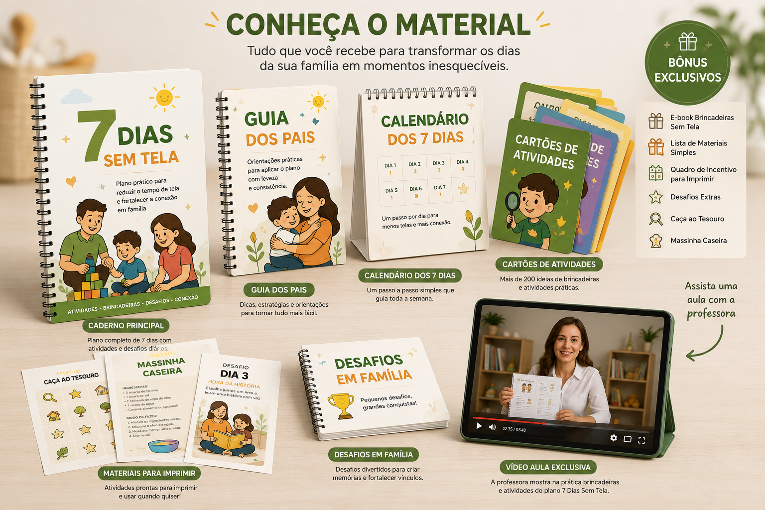Conheça o material 7 Dias Sem Tela: caderno, guia dos pais, calendário, cartões de atividades e bônus